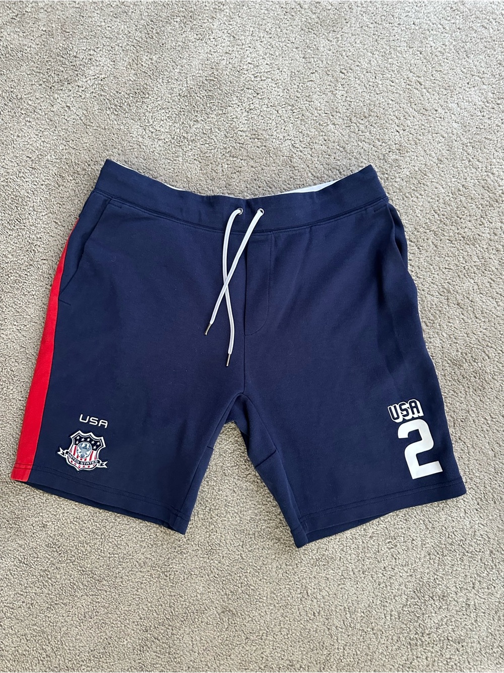Polo Ralph Lauren Double-Knit Shield Logo Patch Athletic Shorts Mens L Blue USA
